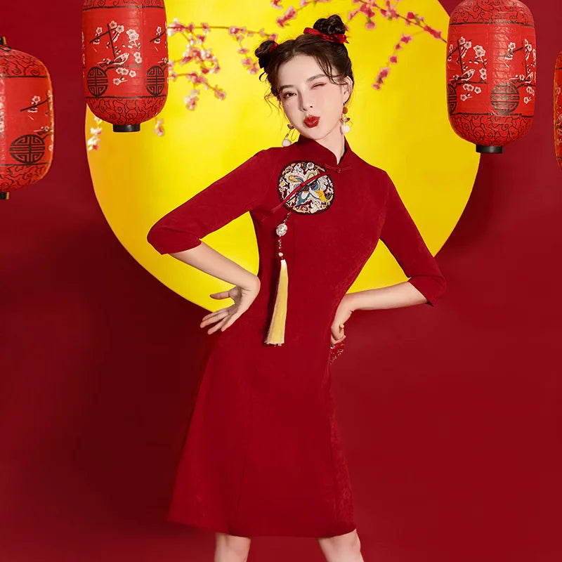 National Style Red Chi-Pao Improved Slim Cheongsam Dress