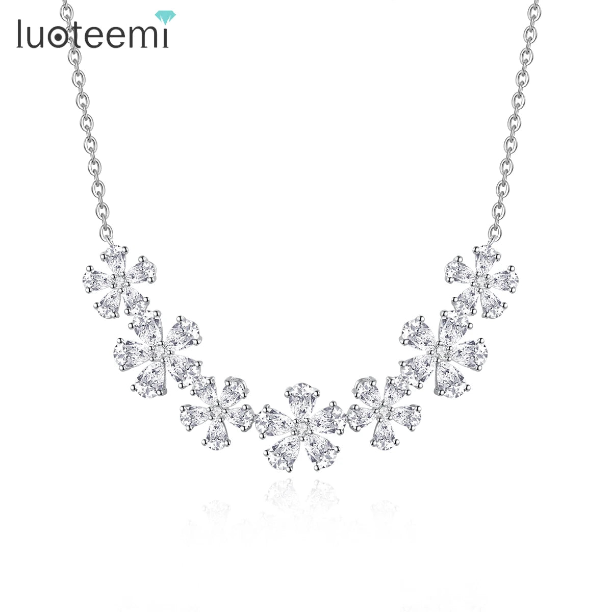 LUOTEEMI Fashion Rhodium Plated Clear CZ Flower Statement Choker Designers Necklace for Women