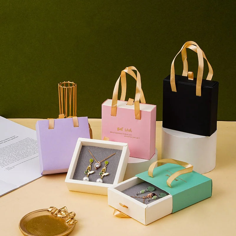 Wholesale Drawer Jewelry Box Portable Necklace Earring Ring Bracelet Soft Paper Jewelry Packaging Box with Handle