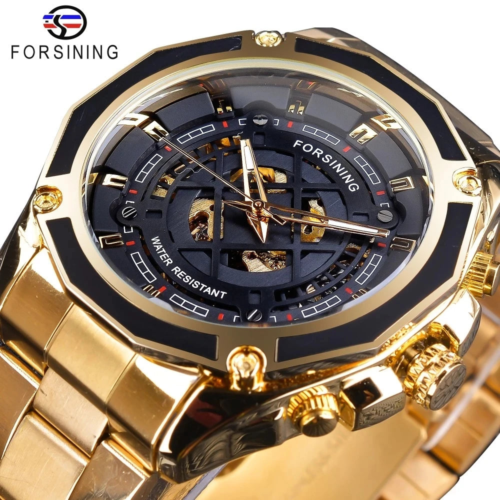 Forsining 2025 3D Transparent Design Gold Stainless Steel Mens Automatic Skeleton Watch Top New Luxury Male Clock Montre Homme