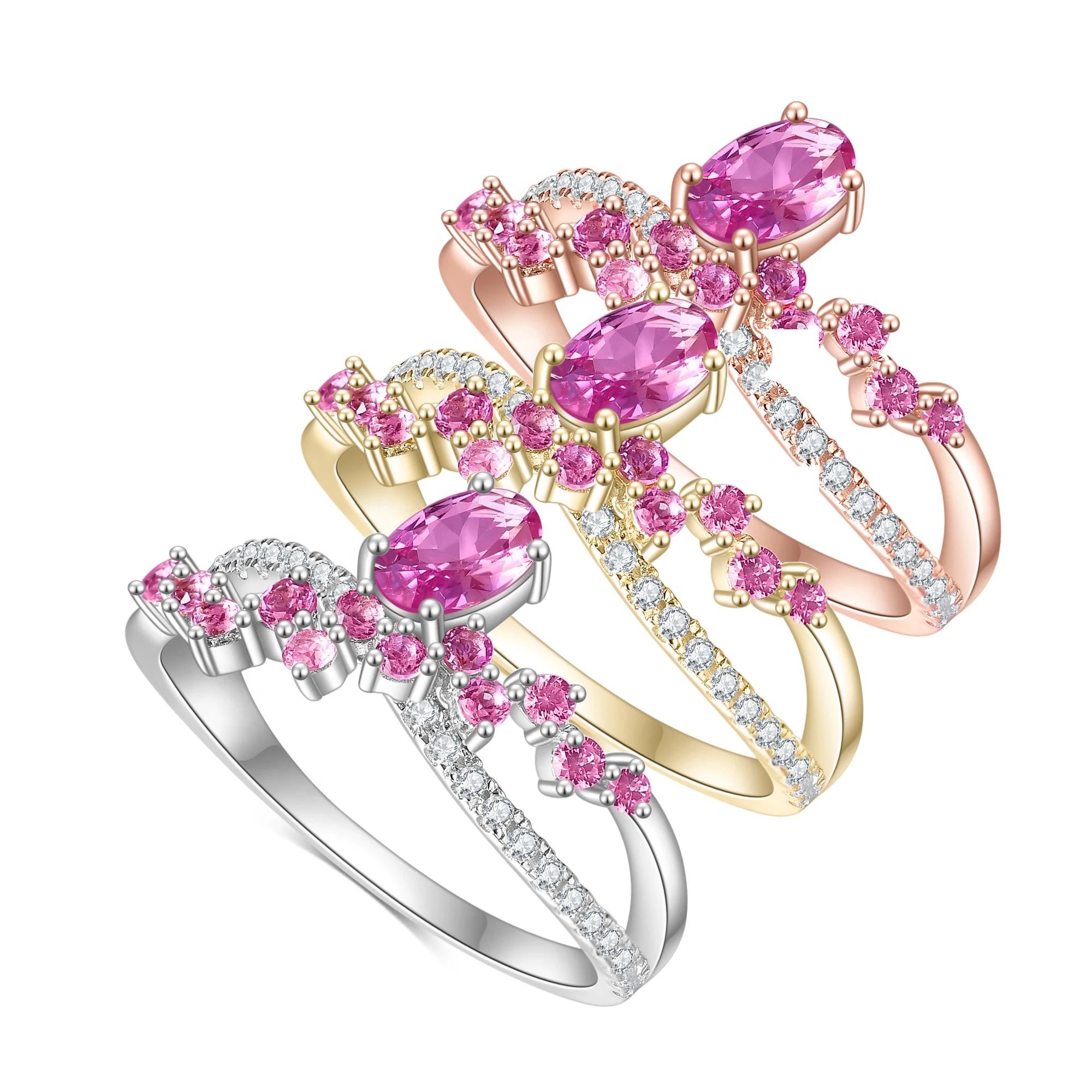 Abiding Exquisite Solid Yellow Rose White Gold 14K 585 Gold Lab Grown Sapphire Medium Pink Cross Cluster Wedding Engagement Ring