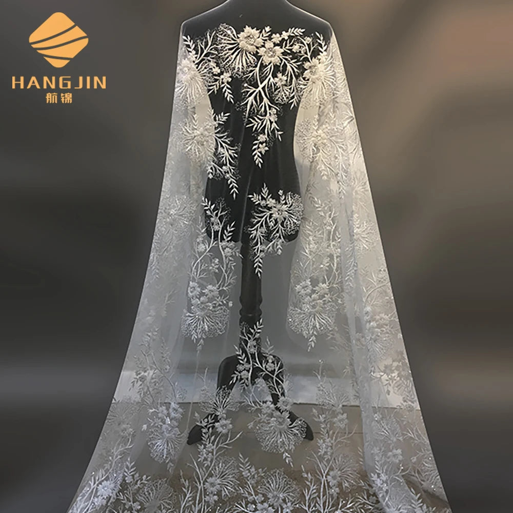 3D Beaded Lace Fabric for Wedding Embroidered Lace with Sequins Evening Dress Fabric Embroidered Lace Tulle Fabric