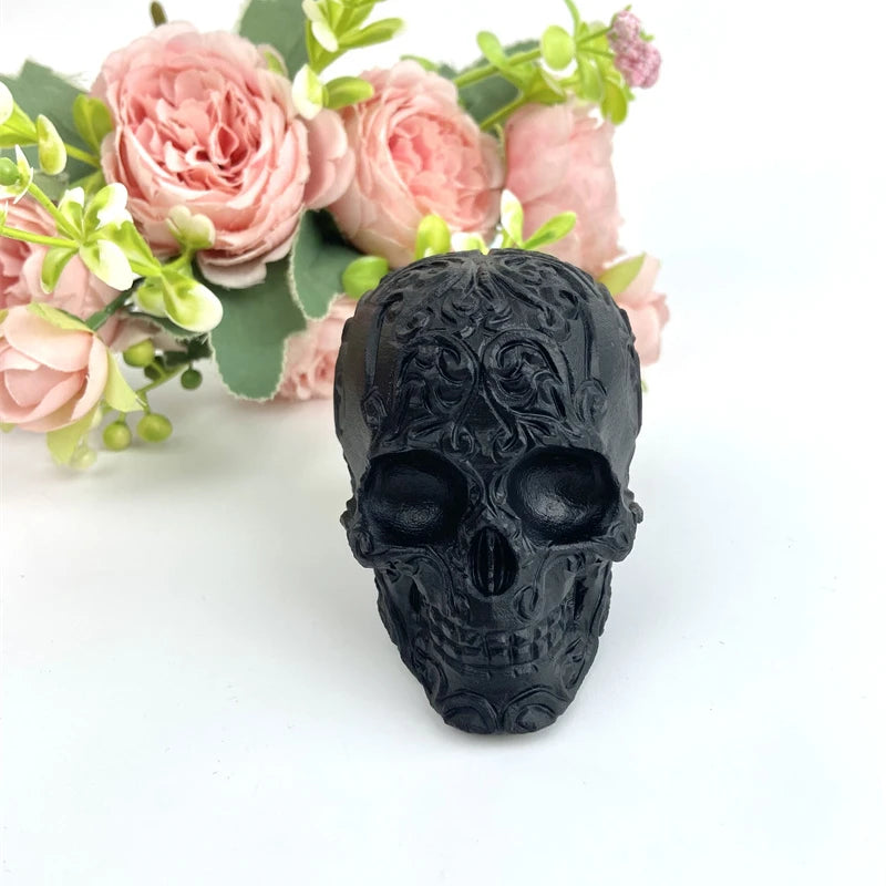Wholesale High Quality Natural Black Obsidian Carving Flower Reiki Skulls for Decoration