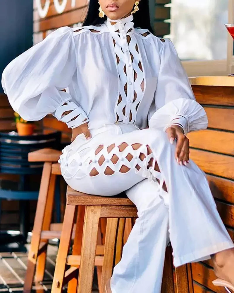 Wholesale 2026 Autumn Lace Shirt White Long Temperament Commuter Long-sleeved Solid Color Pants Suit Retro Women's Set