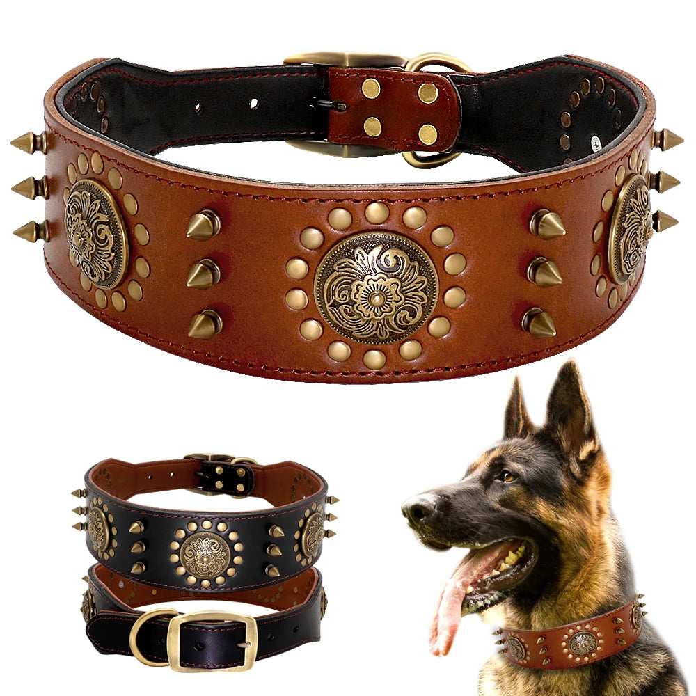 Cowhide Rivet Dog Collar Large Dog Anti Bite Nail Dog Collar Equipped with Iron Chain Traction Rope