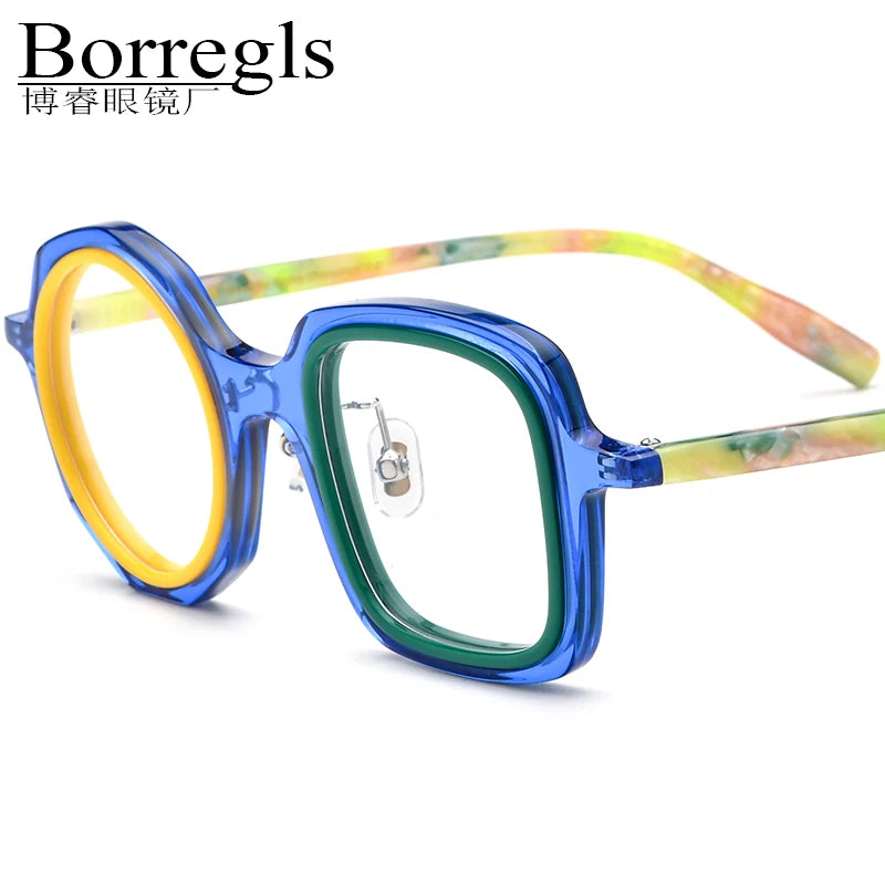 Borregls Acetate Glasses Frame Men Left Square Right Round Eyeglasses Women Brand Design Optical Spectacle Optical Eyewear 19356
