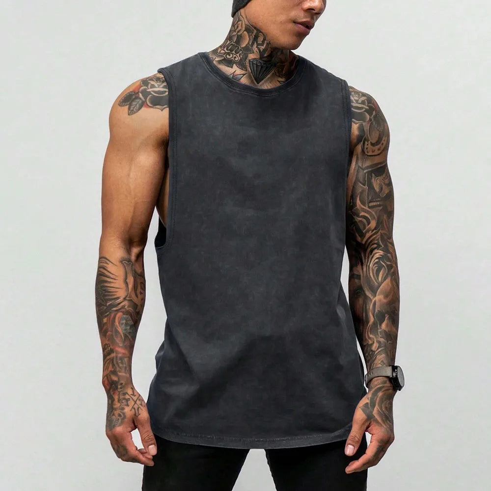 New Design Summer 100% Cotton Casual Knitted Men's Tank Tops Vintage Washed Distressed Oversized Gym Breathable Anti-Pilling