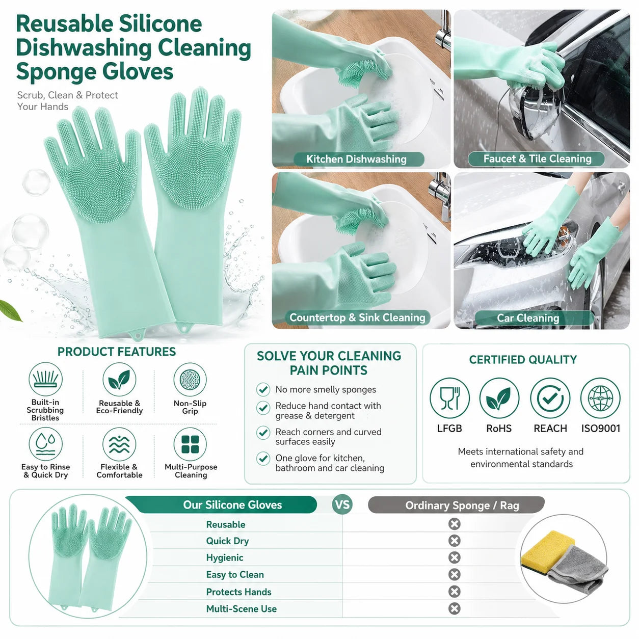 Customized Logo Reusable Silicone Dishwashing Sponge Gloves OEM ODM Kitchen Cleaning Scrub Gloves