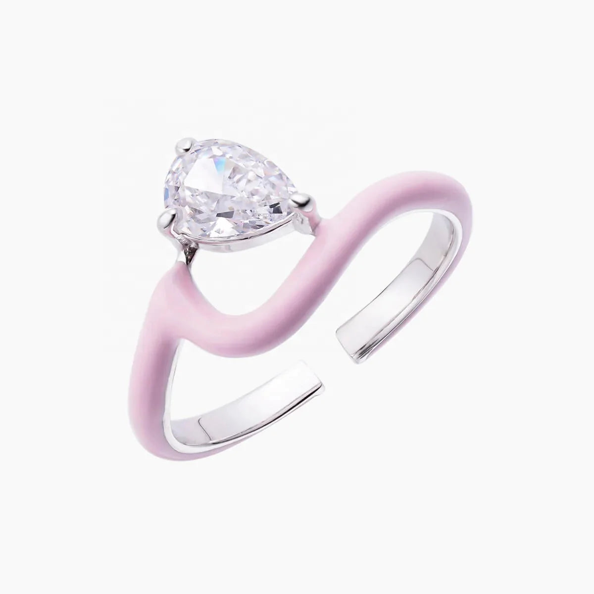 Adjustable Jewelry White Gold Enamel Wave 925 Sterling Silver Ring With Pear-Cut Center Stone for Women Wedding Stacking Gift