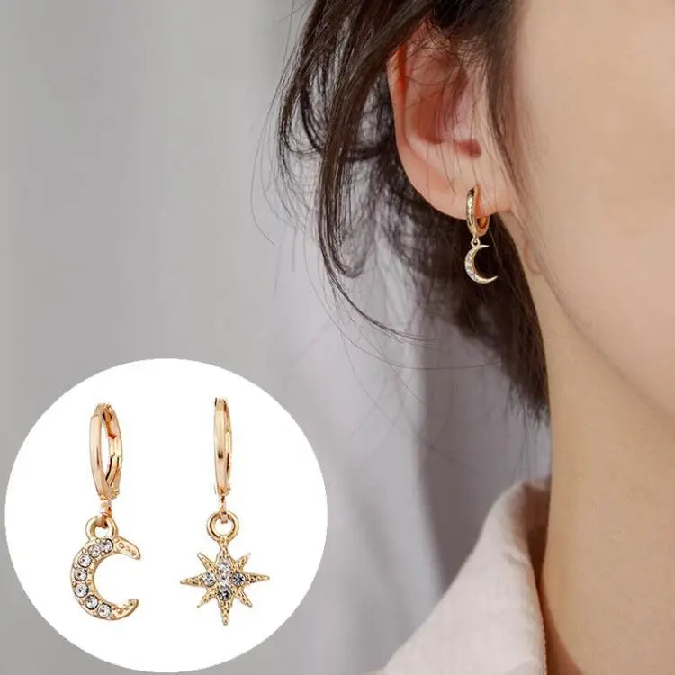 Vintage Elegant Diamond Star Moon Pendant Earrings Rhinestone Hoop Earrings Accessories  Earrings for Women
