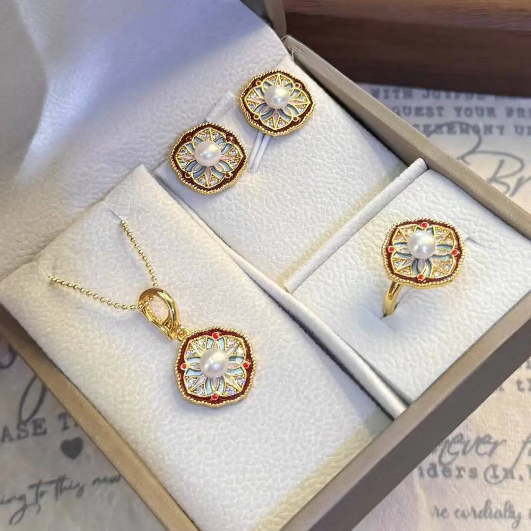 Highly Stylish Retro Chinese Style Diamond Enamel Window Decoration Set 5-6mm Natural White Freshwater Bread Pearls Jewelry