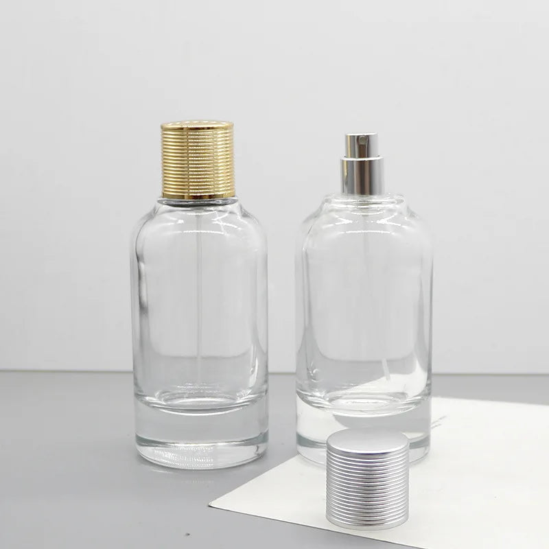Wholesale  100ml Empty Cylinder Perfume Glass Bottle  Crimp clear  Parfum Glass Bottles with Golden Silver Cap