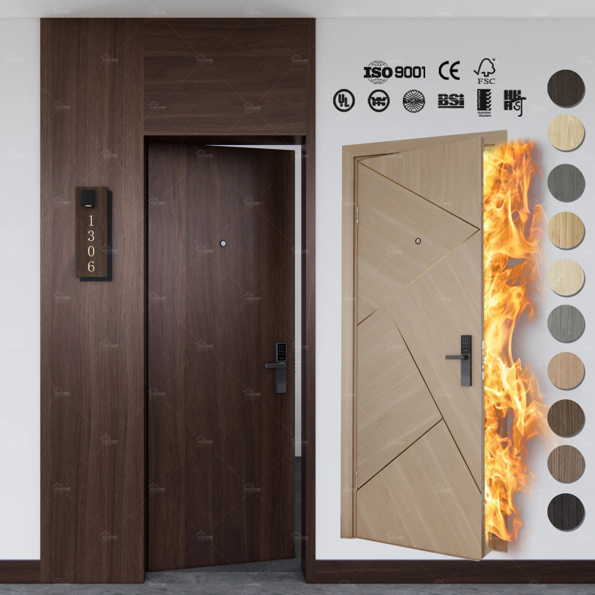Yohome Modern AS1905 AS1530 60 90 Minutes Fire Rated Wood Door for Hotel Fire Rated Wood Door Design