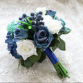 E-21733 Blue Dahlia Bride Bouquets Satin Ribbon Handle Artificial Wedding Flower Real Touch Blooming White Blue Rose Bouquet