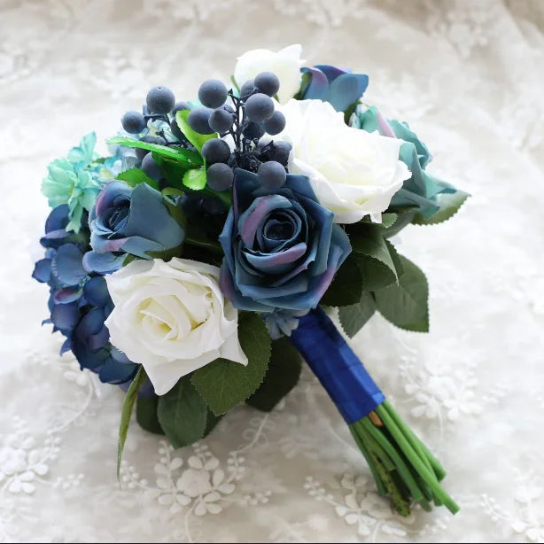 E-21733 Blue Dahlia Bride Bouquets Satin Ribbon Handle Artificial Wedding Flower Real Touch Blooming White Blue Rose Bouquet