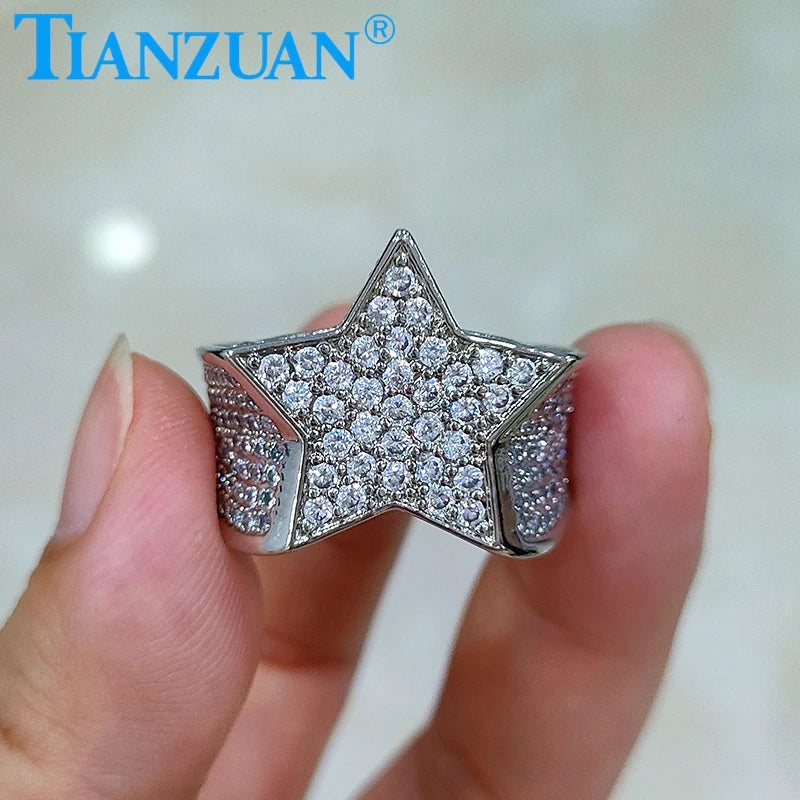 Big Size Star Pentagram Melee Moissanite Ring Men Women Sterling 925 Silver Round Diamonds Engagement Male Wedding Jewelry