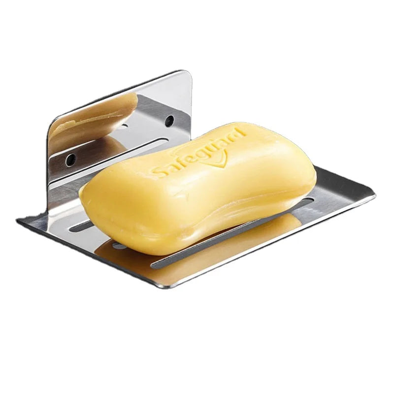 Easy Install Self Adhesive Silver & Black Stainless Steel Soap Rack Soap Dish Soap Holder with Drain for Bathroom and Kitchen