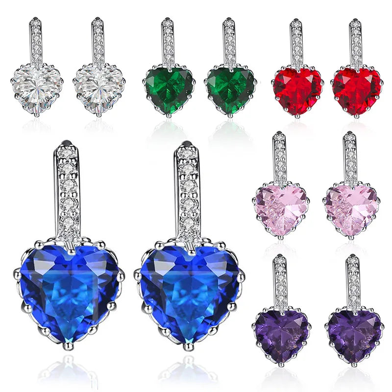 CAOSHI Luxury Female Small Heart Earrings Silver Color Clip Earrings for Women Crystal Color Stone Cute Heart Earrings Silver