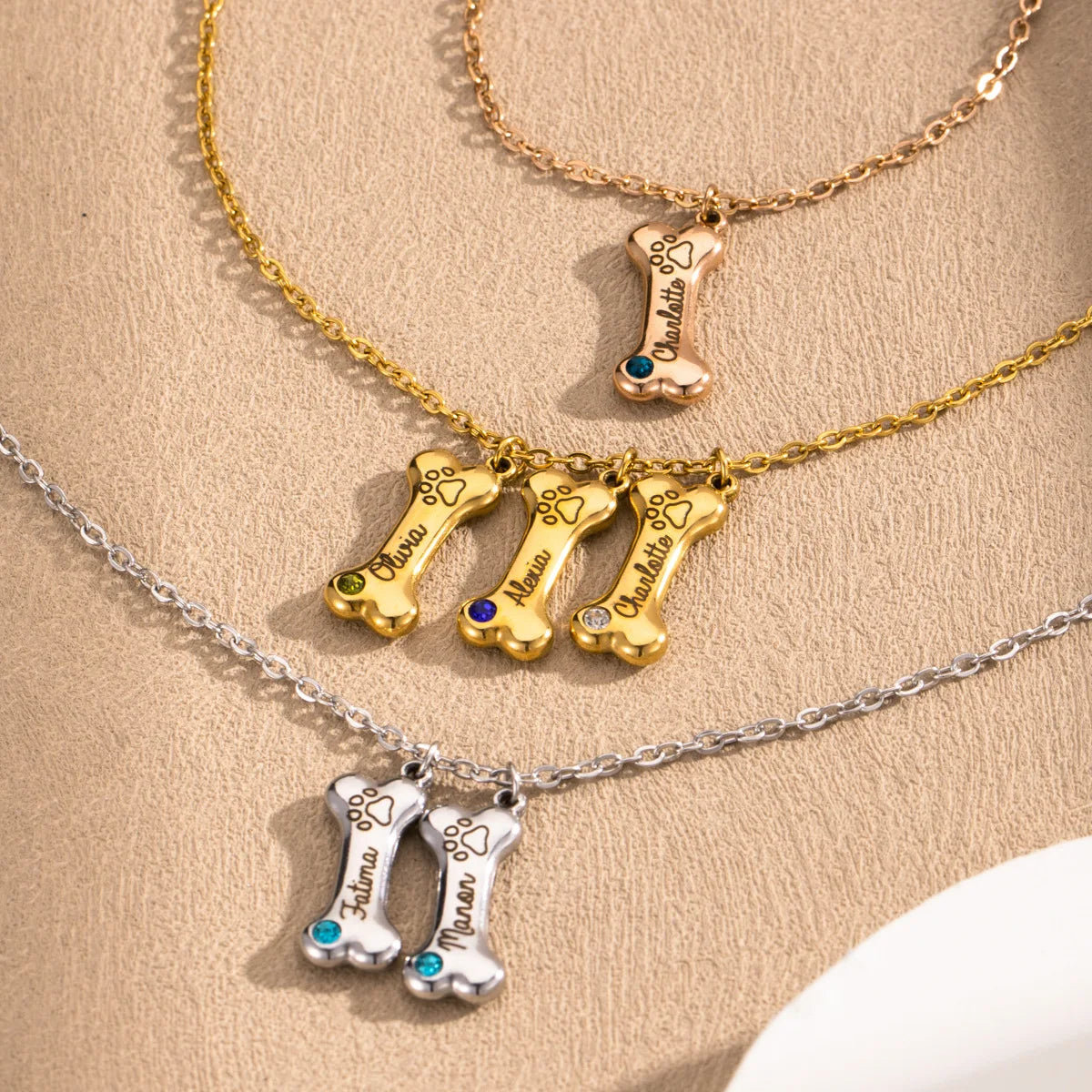 DAIHE Personalized Pet Name Pendant Necklaces with Birthstone Bone Customized Engraved Dog Bone Necklace Jewelry Gift