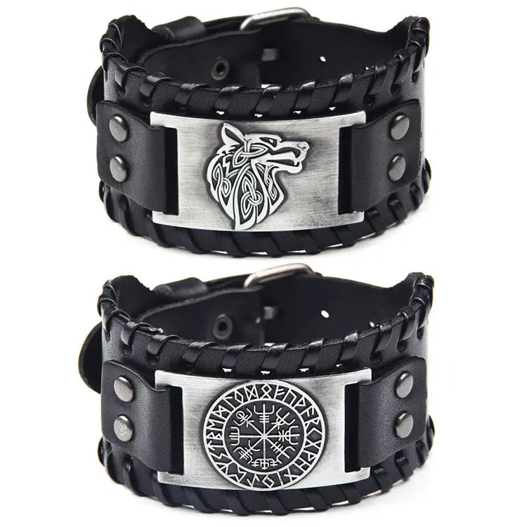 SC Fashion Punk Adjustable Wide Leather Bracelet Men Retro Wolf Totem Pirate Compass Rune Triangle Viking Bracelets & Bangles
