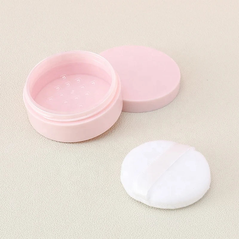 2024 New Arrival Popular pink Round 10g Thin Loose Powder Bottle Flip Cap With Mirror Packaging Container With Powder Puff