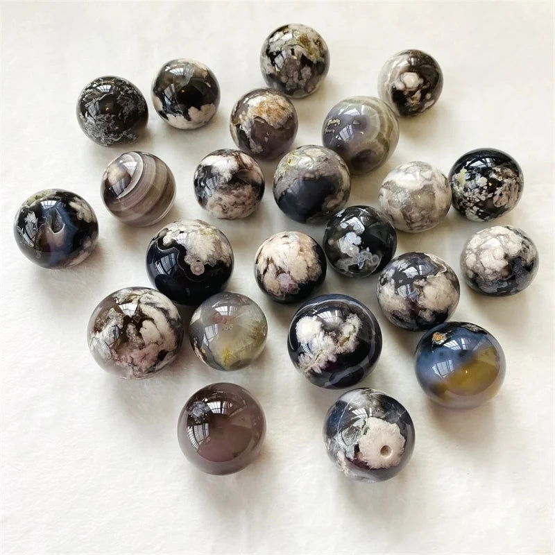 Rare Natural Flower Agate Crystal Stone Ball Black Cherry Blossoms Agate Sphere for Gift Decoration