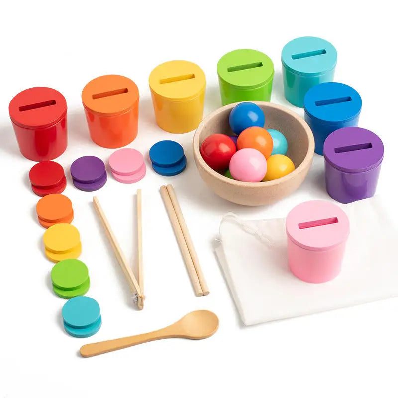 Montessori Children's Wooden Rainbow Color Cognition Sorting Cups Educational Coin Box Classification Toys for Boys Girls