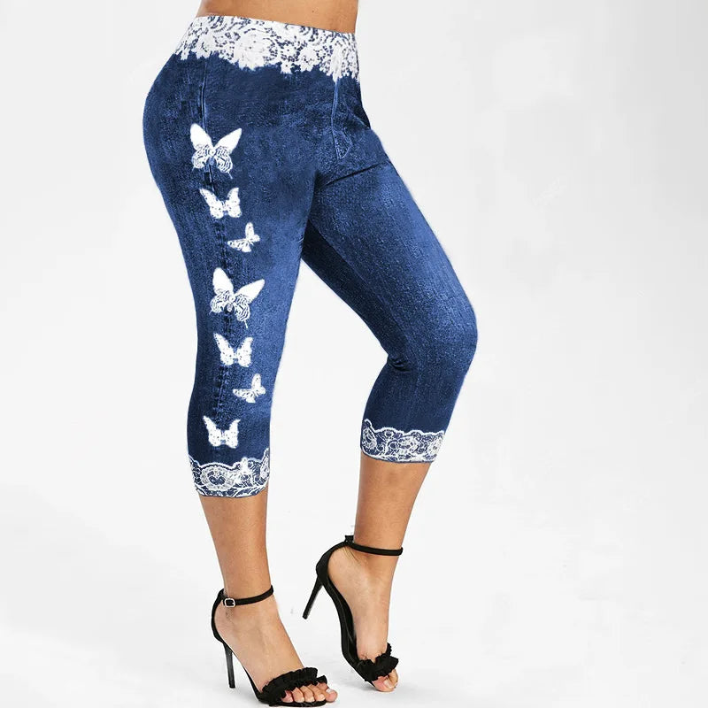 S-5XL European and American Large Casual Pants Fashion Elastic Butterfly Printing Tight Capris for Women