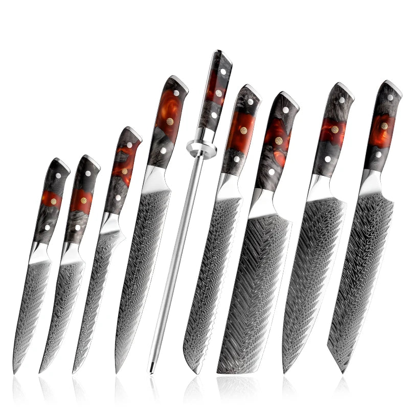 9pcs Solidified Wood & Red Resin Handle 67 Layers Damascus Steel 60HRC Kitchen Boning Paring Utility Messer Kitchen Knives Set