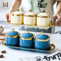 Whole Sale Ceramic Spice Jars Set Luxury Gold Trim Salt &pepper Bottle Seasoning Pot Set