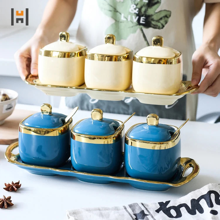 Whole Sale Ceramic Spice Jars Set Luxury Gold Trim Salt &pepper Bottle Seasoning Pot Set