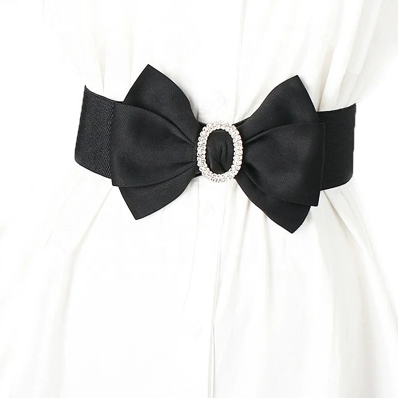 Women's Fashion Wide Elastic Waistband with Sweet Diamond Bow Stretchable Accessory with Alloy Buckle Seal