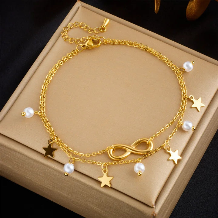 Fashion Beach Multi-layer Tassel 8 Word Pentagram Pearl Pendant Stainless Steel Anklets for Women Girls