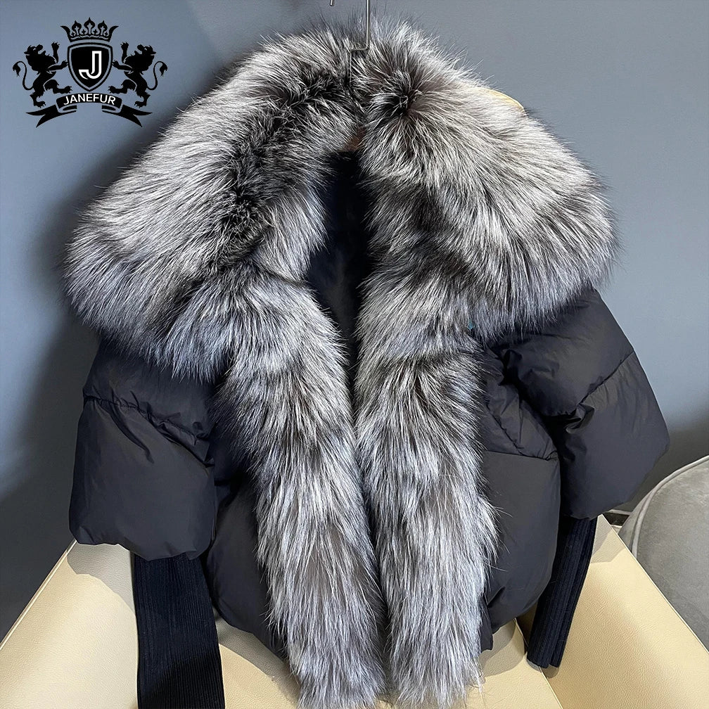 Janefur Beautiful Fluffy Raccoon Fur Fox Fur Collar Women's Down Coat Fox Fur Collar Puffer Jacket