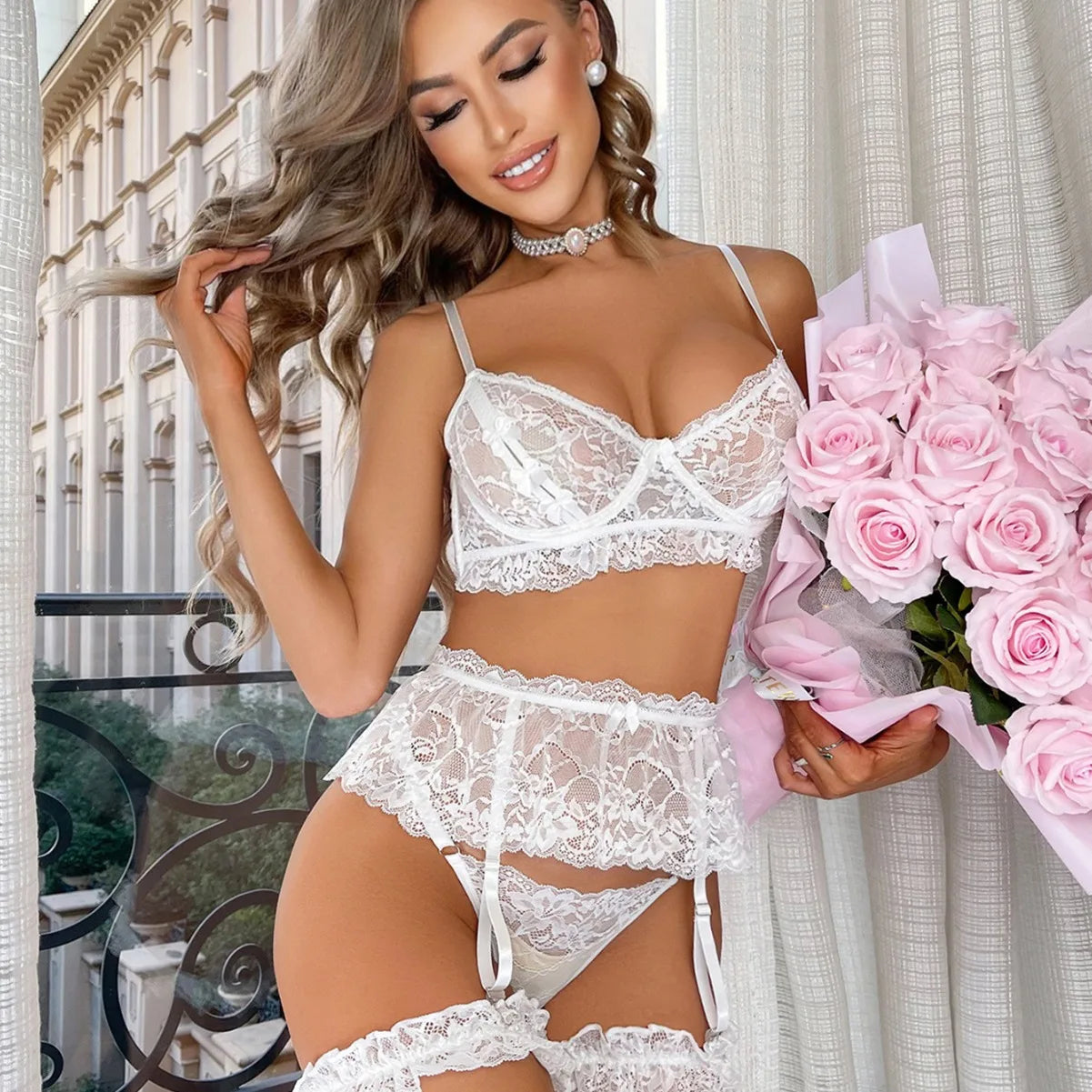 French Women's Garter Belt Embroidered Underwear Bridal Lace Waist Seal Mesh Fun UNDERWEAR Set