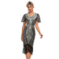 Women Long Flapper Dresses Plus Size 1920s V Neck Beaded Fringed Great Gatsby Dress Flare Mesh Sleeve Lady Cocktail Party Dress