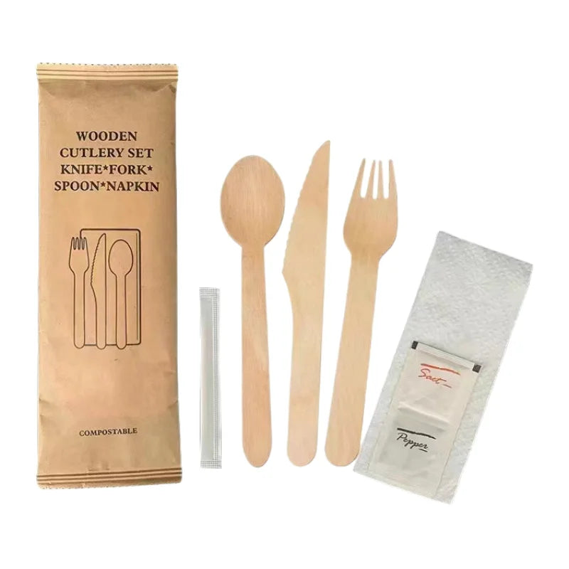 Chinese Birch Wood Disposable Dinnerware Set-Wedding Cutlery Including Fork Knife Spoon and Salt for Table Use