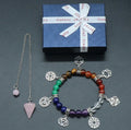 2pcs Chakra Charm Bracelet with Rose Quartz Pendulum Set of Natural Crystal Healing Gemstones for Home Decor and Gift Giving