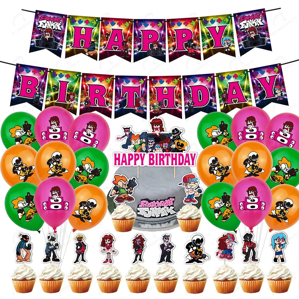 Friday Night Funkin Kids' Party Supplies Paper Decorations Including Happy Birthday Banner Cake Topper Cupcake Toppers X4042