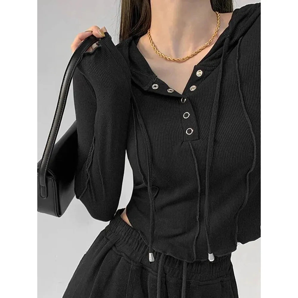 Women's Casual Hoodie Button up Neck Drawcord Hood Long Sleeve Body Fit Slim Y2K Style Hoodie Sweatshirt for Women