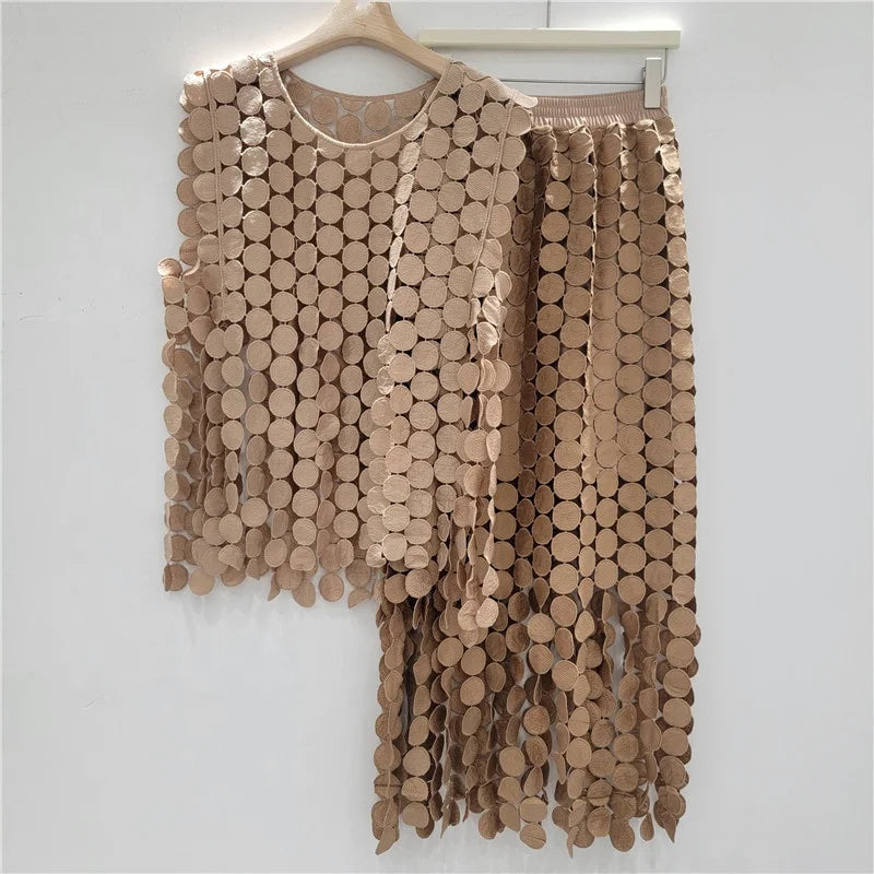OUDINA Summer Loose Hollow Splice Vest Tops High Waist Two Piece Skirt and Top Set for Women Skirts Sets