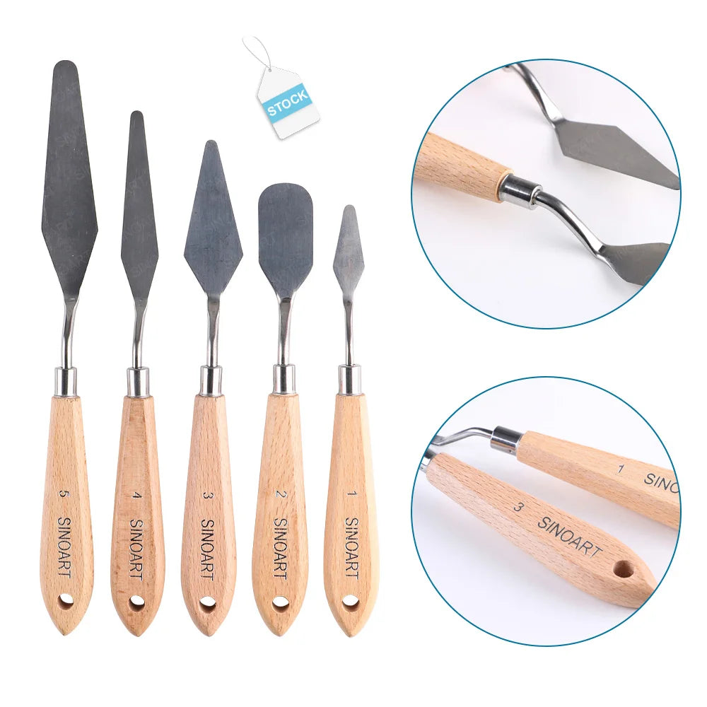 SINOART 5pcs Palette Knives Set Painting Stainless Steel Spatula for Metal Knives Wood Handle