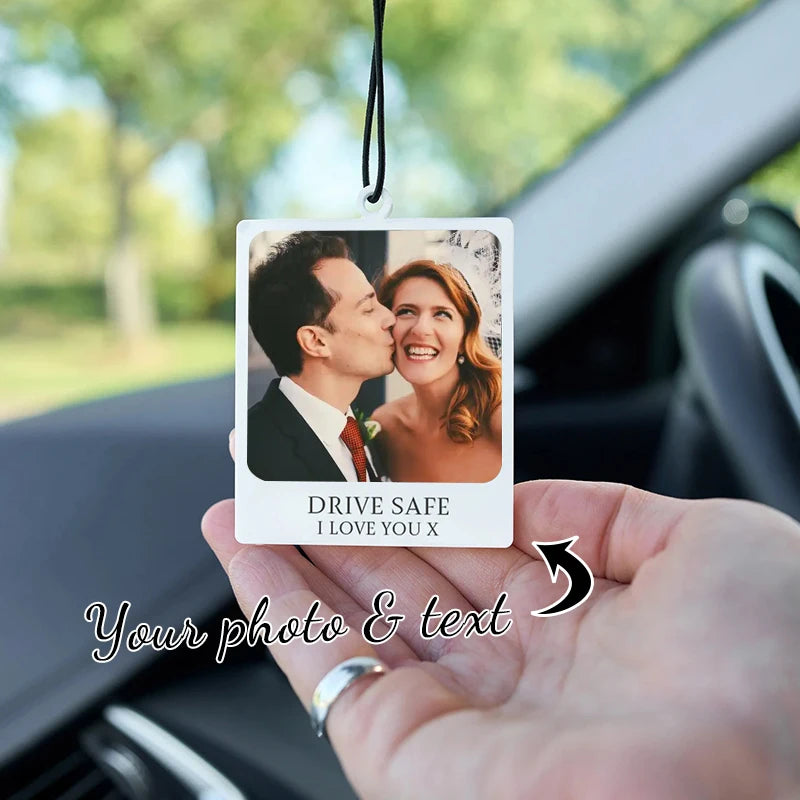 NEWNORTH Personalized Photo Car Ornament Arylic Personalized Customized Text Photo Car Rearview Mirror Hanging Gift for Couple