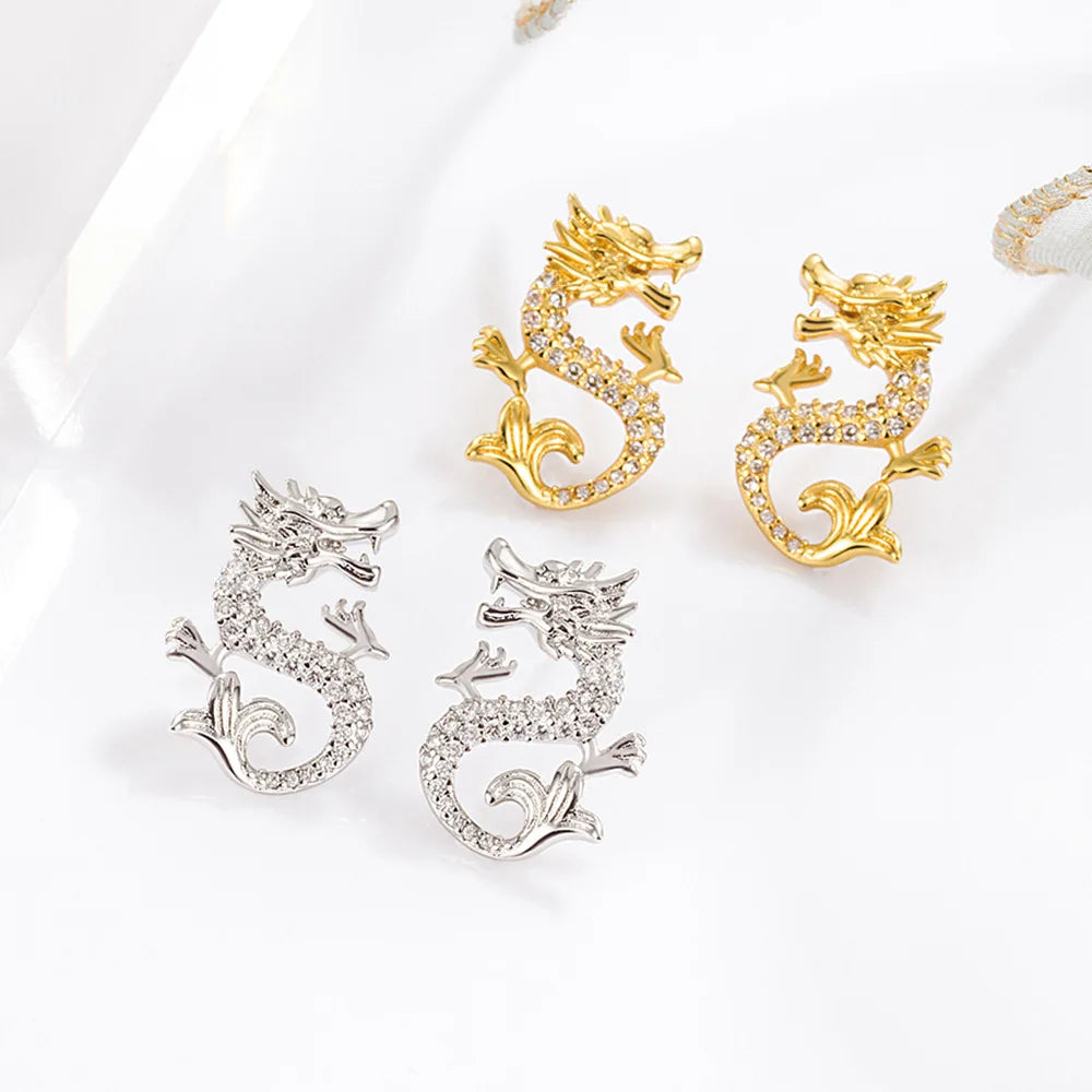 Chinese Style Dragon Stud Earrings Full Zircon Sparkling Exquisite Dragon Year Pearl Earrings with Elegant New Year Earrings