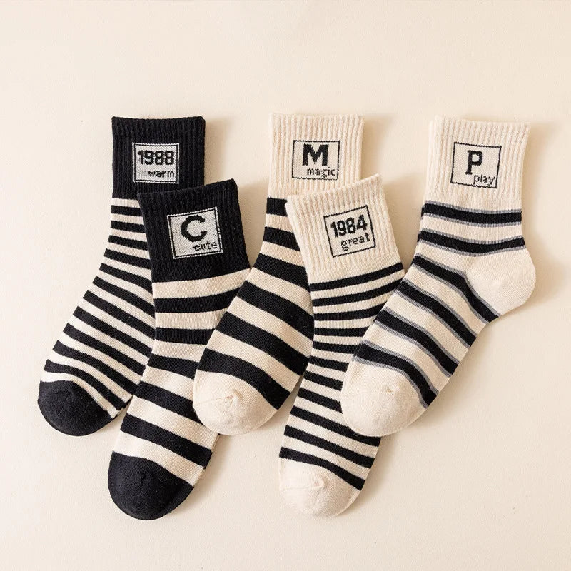 Fashion Winter Boys and Girls Socks Striped Letters Knit Socks Durable Stripes Learn Brown Raw Versatile Long Cotton Socks