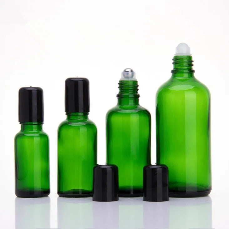 In Stock 5ml 10ml 15ml 20ml 30ml 50ml 100ml Green Glass Essential Oil Roll on Bottle With Steel/glass Roller and Black Cap