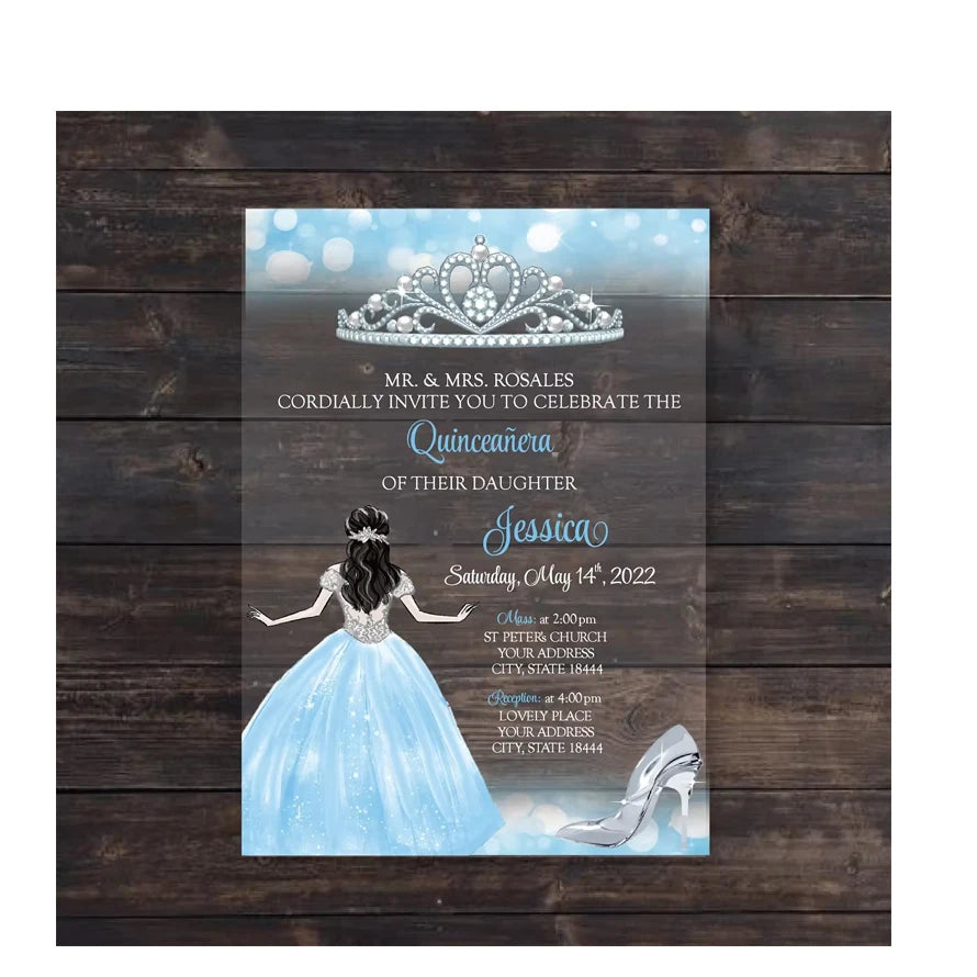 Wholesale Cheap Luxury Light Blue Rose Floral Quince Dress Quinceanera Acrylic Invitation Card Sweet 16 Years