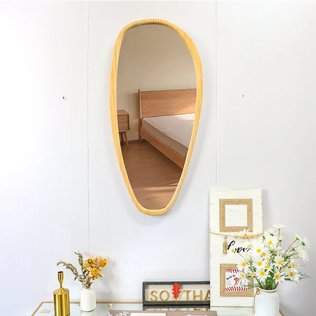 43*90cm Flowing Freely Curve Shape Indoor Solid Wood Frame Wall Mirror Modern Novel Irregular Art Mirror for Bathroom