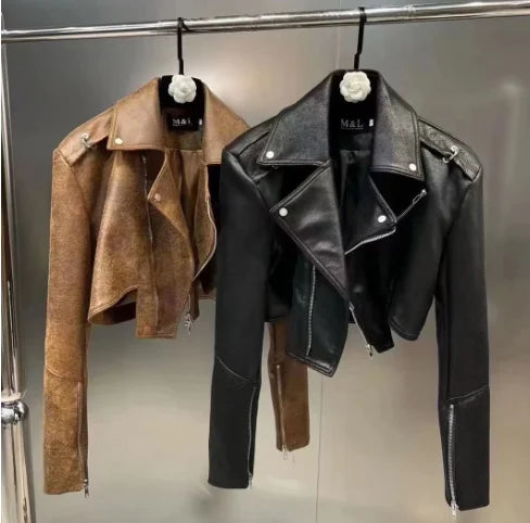 Women's New Short Winter Fur Coat Cropped Zipper Suede Leather Sherpa Lined Faux Jacket Thickened Lapel for Motorcycle Riding