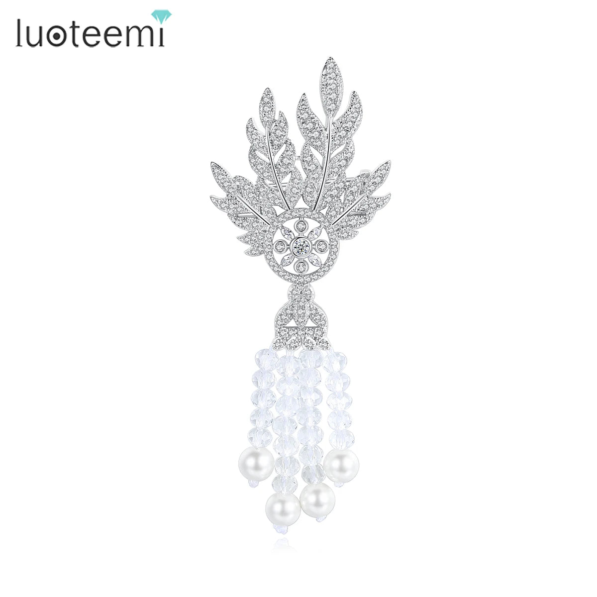 LUOTEEMI Four Leaves Brooch Dreamcatcher Pin with Four White Glass Imitation Pearls Brooches for Wedding